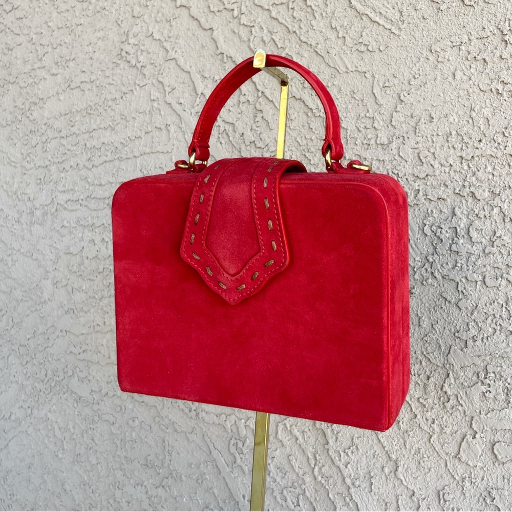 MEHRY MU Red Suede Fey Box Bag Classic Stitched Top Handle Crossbody Bag - Picture 15 of 15
